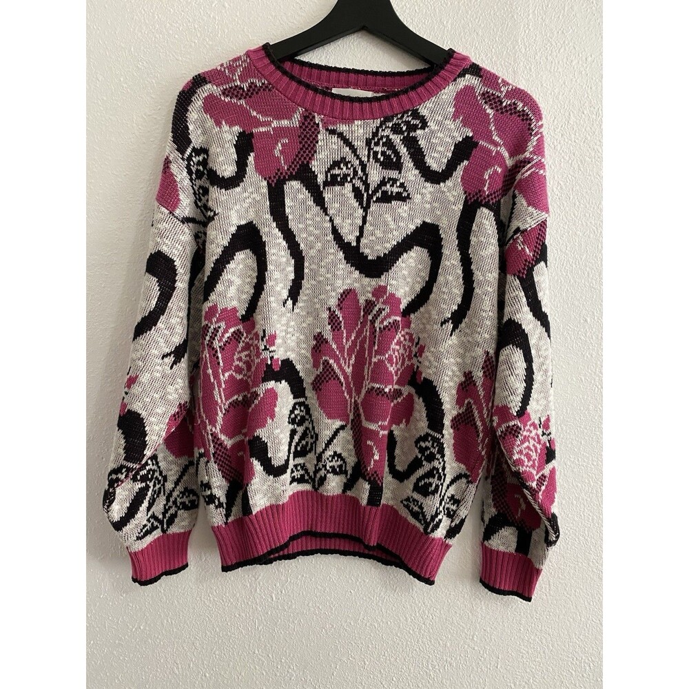 Vintage Lefolio Women’s Graphic Pink Rose Crew Neck Sweater Size MP J16